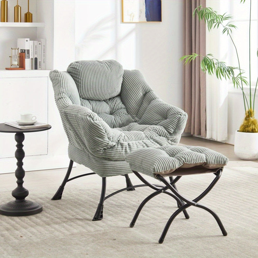 Modern Lazy Chair with Ottoman, Upholstered Lounge Accent Chair with Armrests and Side Pocket, Leisure Sofa Reading Chair with Footrest for Small Space, Corner Chair
