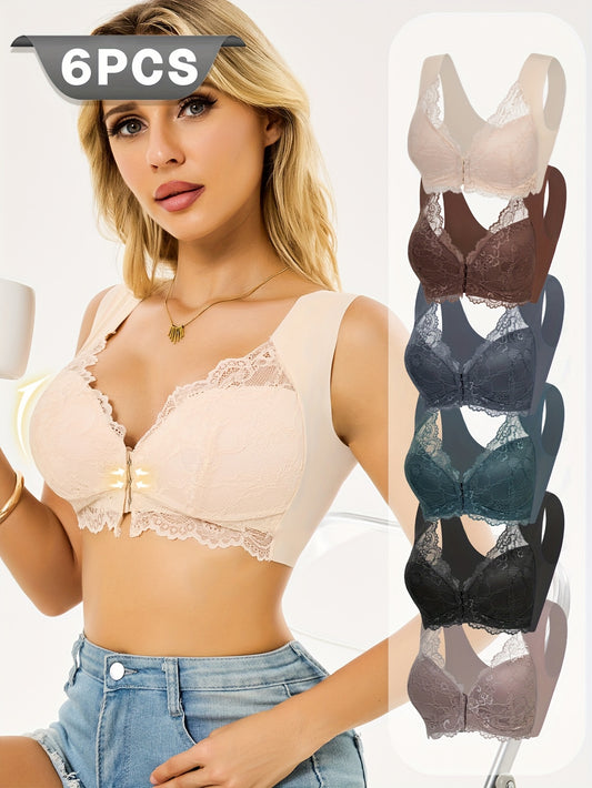 [CELILIN Push-Up Lace Bra Set] 6pcs CELILIN Women's Push-Up Lace Bra Set - Front Open, No Underwire, High Support, Adjustable Elegant Design, Solid Color, Comfortable Undergarment|Elegant Lingerie Set|Adjustable Support