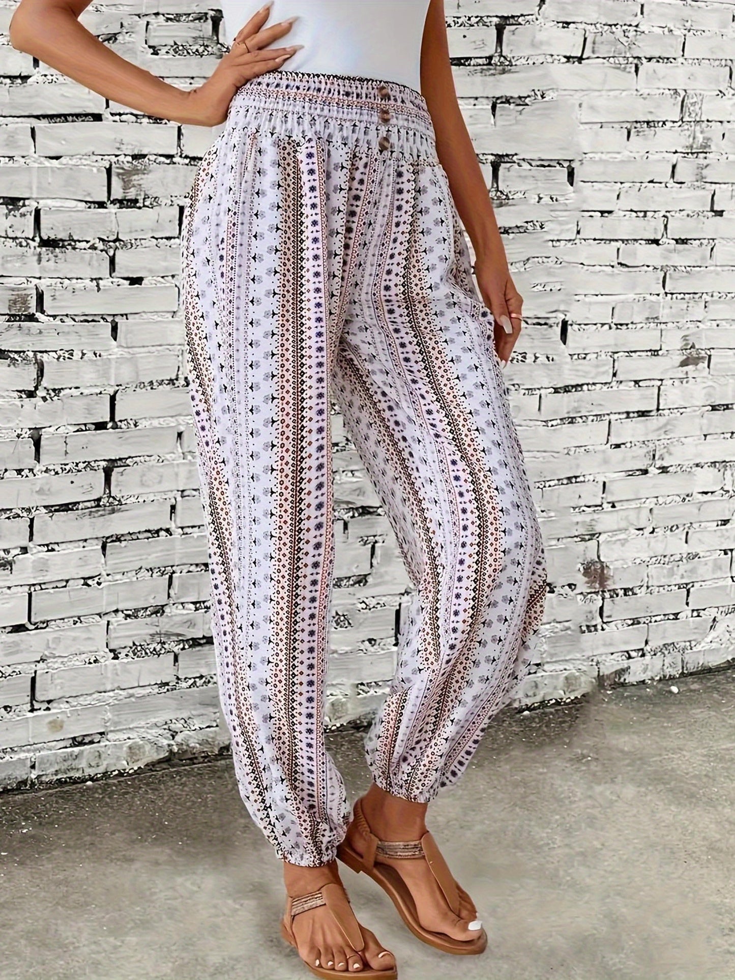 Women's Loose Fit Linen-Textured Polyester Harem Pants - Casual Summer Tapered Ankle Trousers with Pockets, Elastic Waist & Button Closure, Random Print for Outdoor