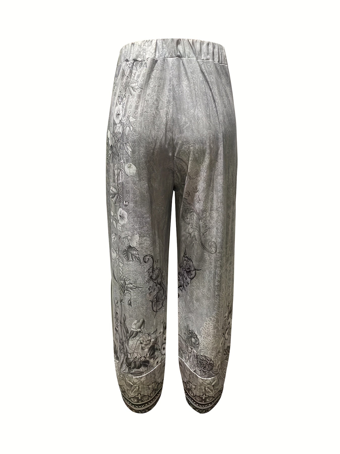 Women'S Retro Floral Capri Pants with Elastic Waistband & Pockets - Loose Fit Fabric, Beige with Black Floral Design, Perfect for Spring/Summer/Fall, Casual Wear Pants | Relaxed Fit Pants | Construction, Ladies Pants