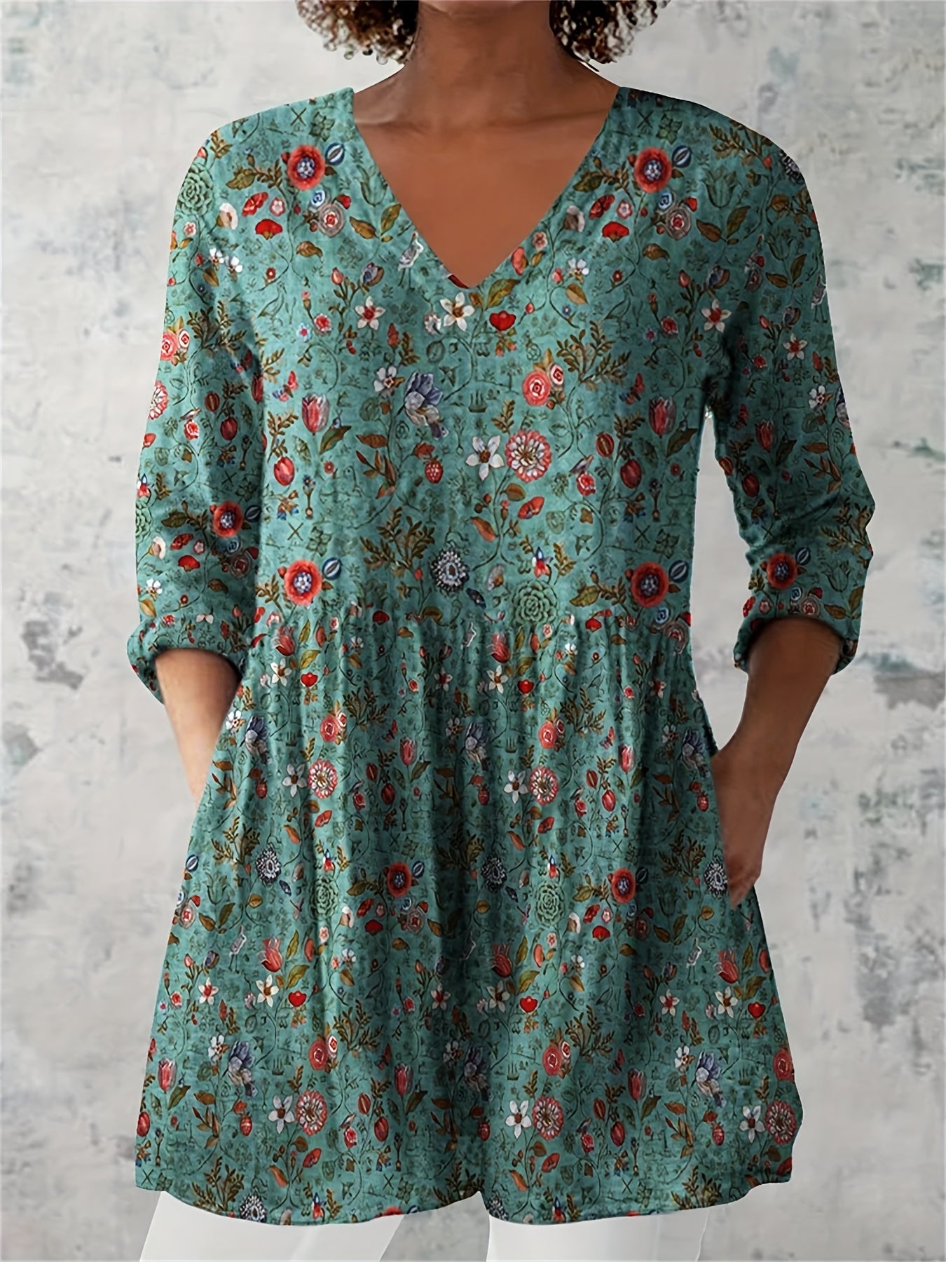 Women's Retro Floral Print Casual And V-neck Top, Loose Casual Mature Style