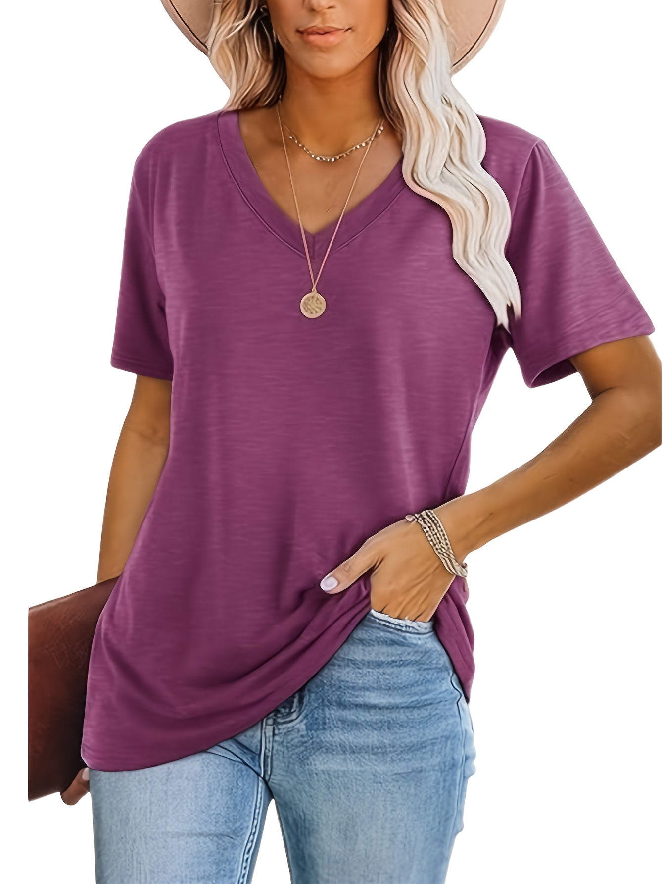 [Soft T-Shirts] 3pcs Soft Breathable Women's Casual V-Neck T-Shirts | Relaxed Fit Short Sleeve Tops in Black/White/Grey, Machine Washable, Versatile Casual Attire, Allseason Apparel, Minimalist Fashion, Comfortable Clothing