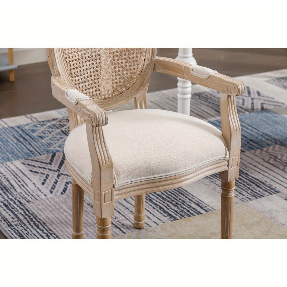 Charming Set Of 2 French Vintage Upholstered Fabric Dining Armchairs, Beige Hue For Timeless Appeal