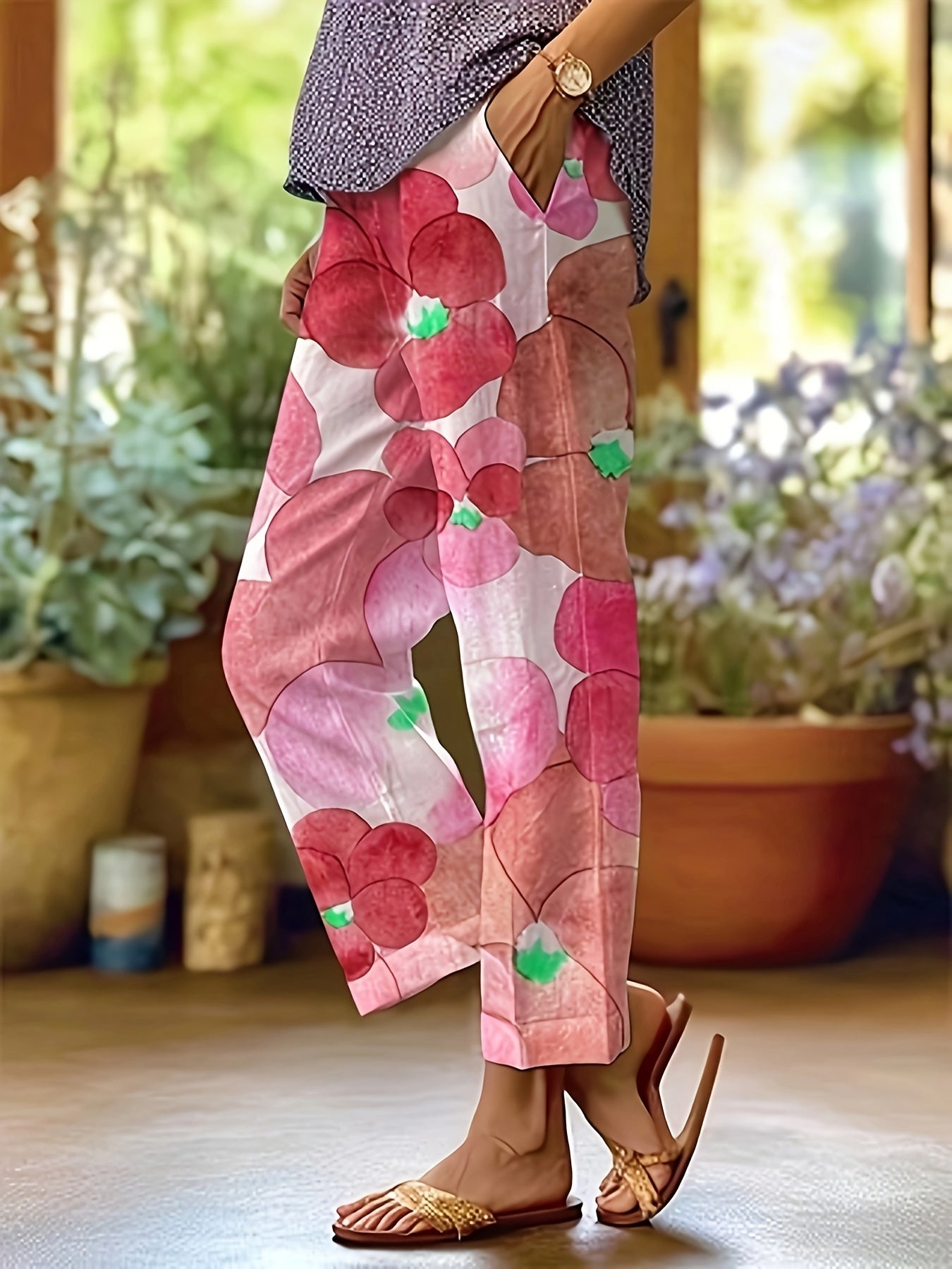 Women's Elegant Floral Print Straight-Leg Casual Pants with Pockets - Machine Washable Non-Stretch Fabric, All-Season Versatile Trousers for Casual Attire & Leisure Activities, Relaxed Activity Trousers, No Stretch Fabric