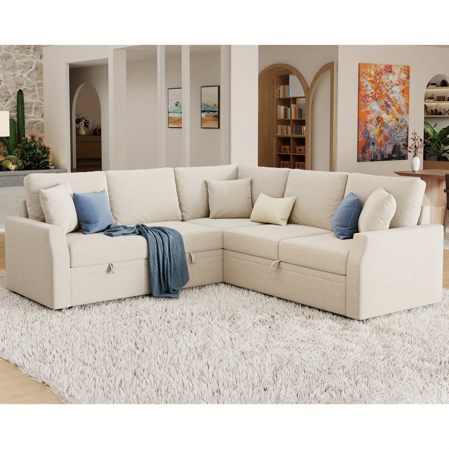 L-Shaped Sleeper Sofa, 85-Inch Beige Linen Fabric Sofa Bed With Pull-Out Bed And Storage Seat For Apartment Living Room, Corner Sectional Couch