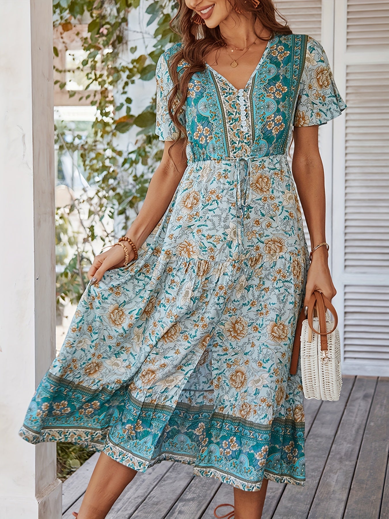 Lightweight And Breathable Summer Women's Waist Cinched Elegant Bohemian Button Up Dress, V-neck Fashionable And Refreshing Vacation Casual Women's Long Dress