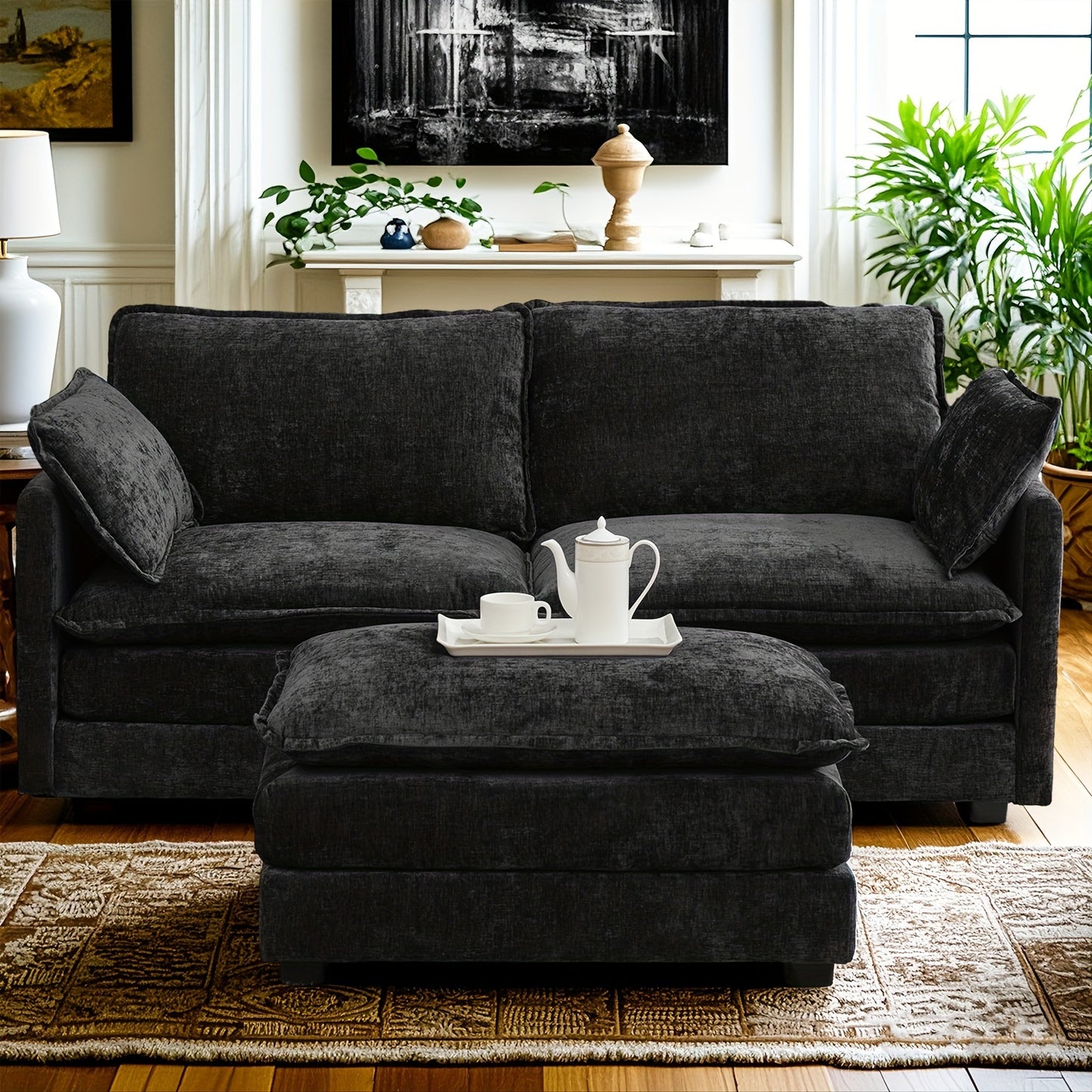 Royal Blue Chenille Sectional Sofa - 2-Seater Deep Seat Couch with Ottoman, Contemporary Hardwood Frame, Plush Upholstery for Living Room or Home Office, Couch for Living Room