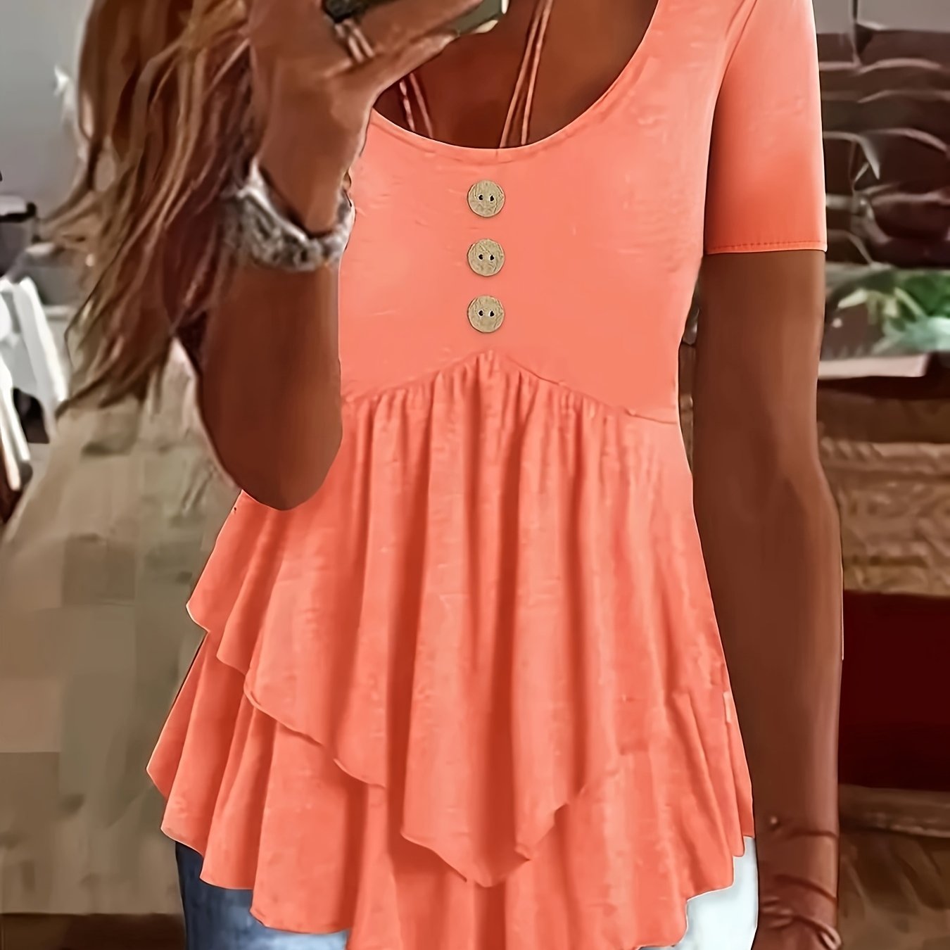 Women's Mint Green Crew Neck T-Shirt - Non-Stretch Casual Blouse with Front Button Closure, Tiered flare hem for Everyday & Formal Outfits - Machine Washable Summer Top, Ladies T-shirts, Nonstretch Fabric, Spring Fashion, Lig