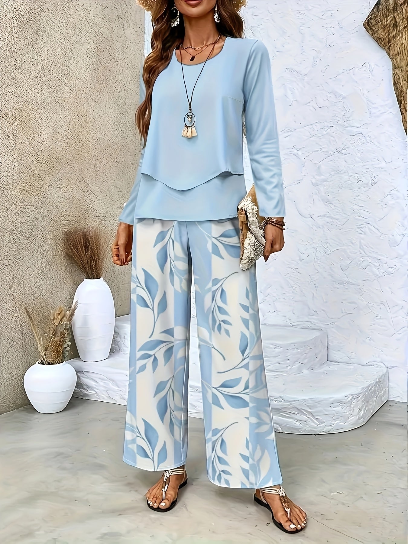 Plus Size, Women's Casual Twill Vegetal Stripe Print Round Neck Double Long Sleeve Straight Pant Set