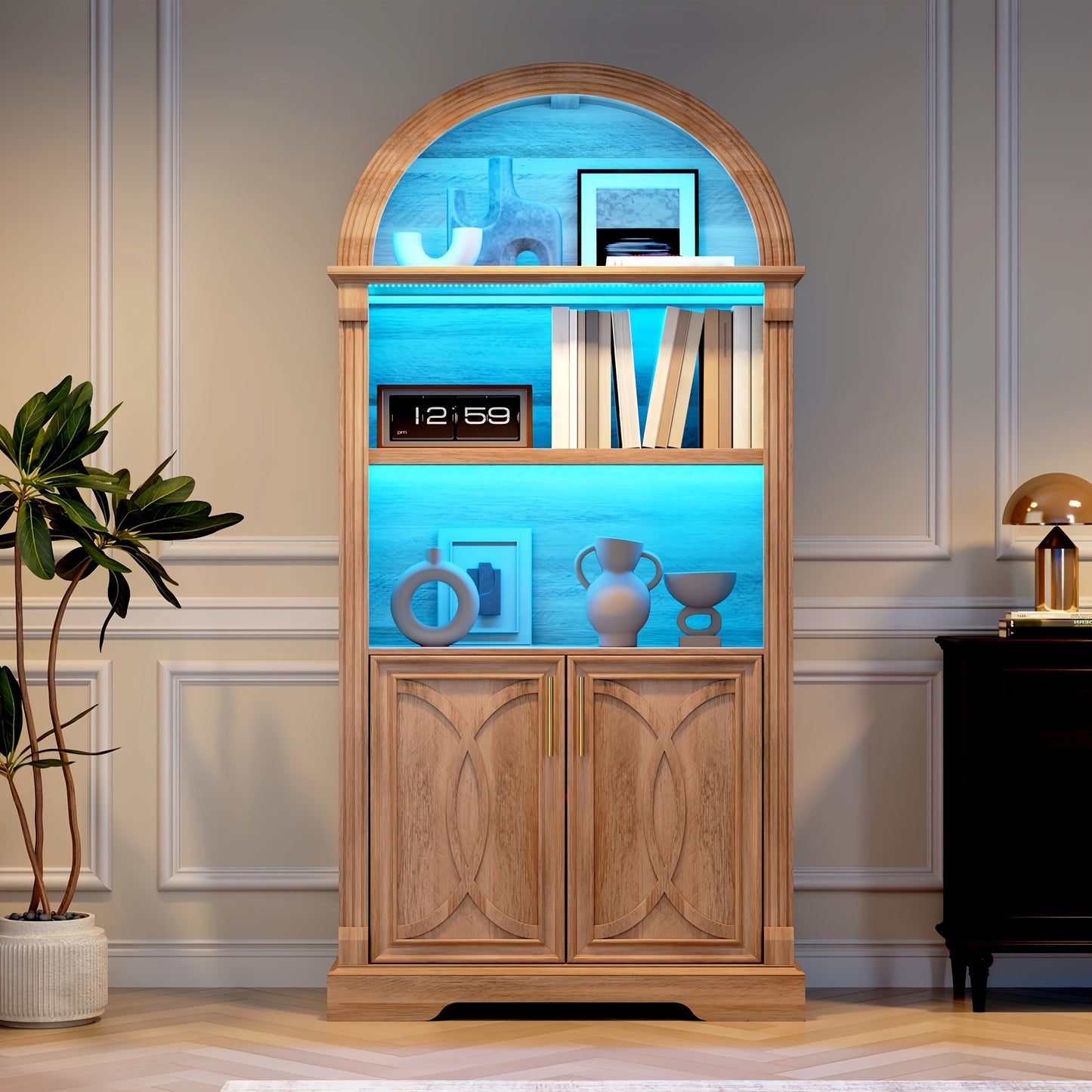 HWB 71" Tall Arched Kitchen Pantry Cabinet with LED Lights - Adjustable Shelves, Open Storage for China, Books & Kitchenware, Modern Wood Cabinet