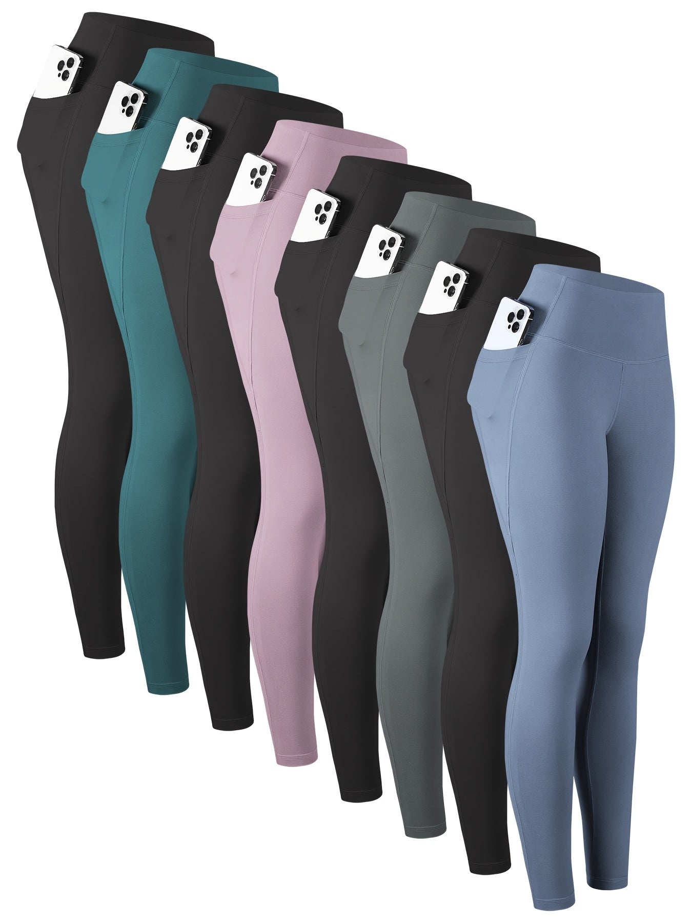 8pcs Set Women's High Waisted Yoga Leggings - Full-Length & 3/4 Length Options, High-Stretch Spandex Light Beige-Friendly Workout Pants with Pockets, All-Season Gym & Casual Athletic Wear (Multi-Color Options: Black, Navy, Gr