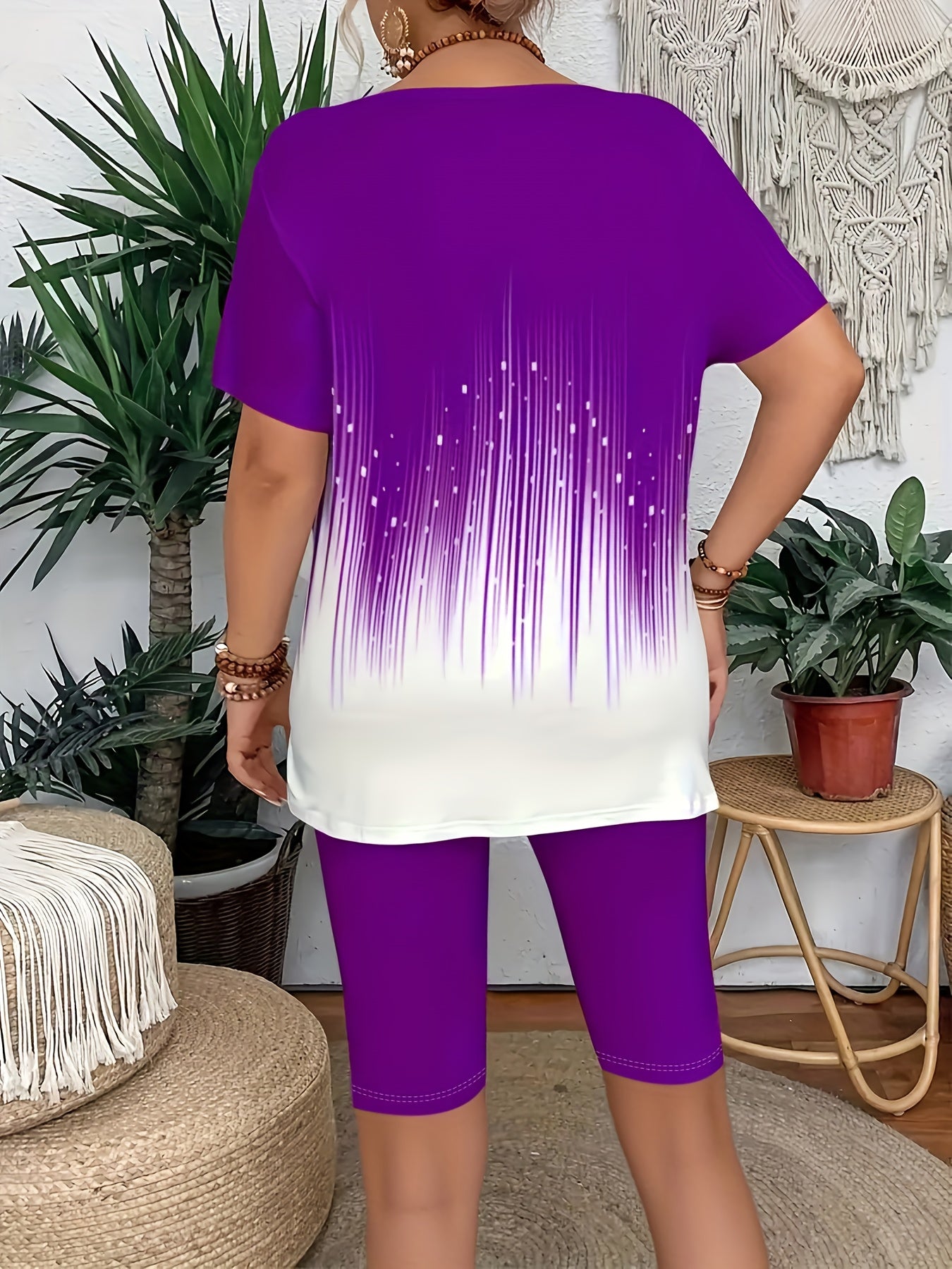 Women's Fashion Casual Breathable Short Sleeve Two-Piece Set, Colorful Striped Print, Five-Quarter Stretch Leggings, Suitable for Daily Commute, Leisure Wear, Travel Vacation, Casual Wear, Daily Outfit, Trendy Fashion, Colorf