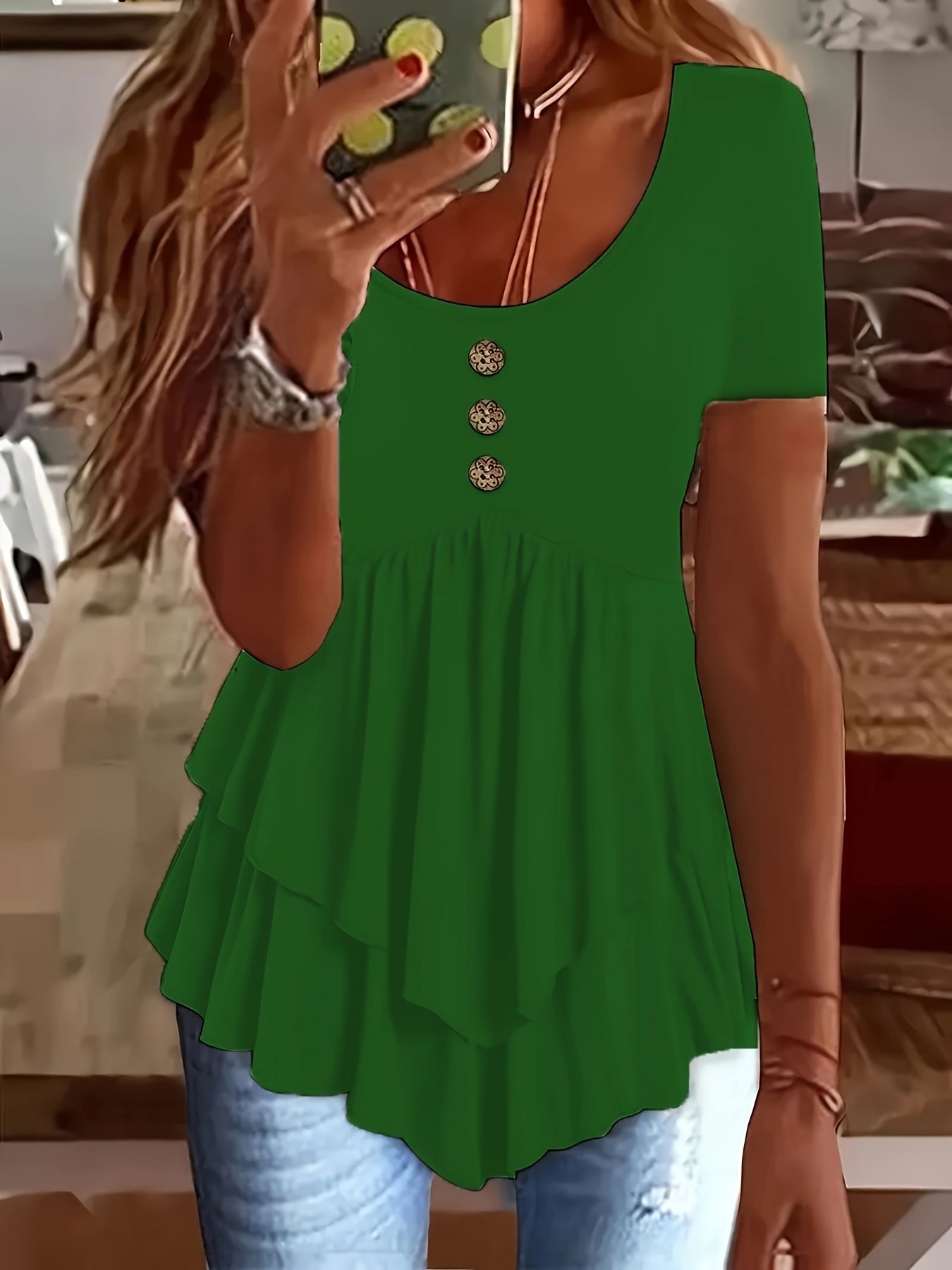 Women's Mint Green Crew Neck T-Shirt - Non-Stretch Casual Blouse with Front Button Closure, Tiered flare hem for Everyday & Formal Outfits - Machine Washable Summer Top, Ladies T-shirts, Nonstretch Fabric, Spring Fashion, Lig