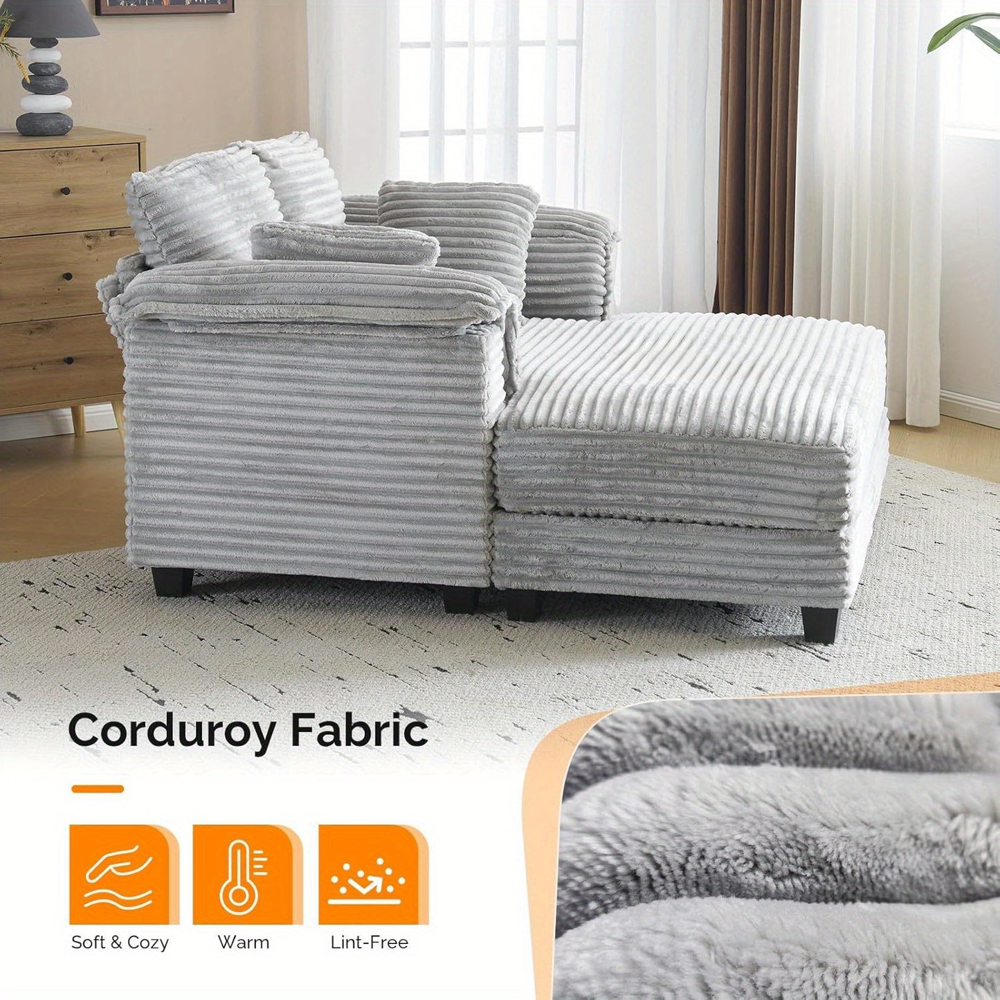 LEADZM Lounge Sofa, 56" Oversized Reading Sofa Corduroy Chaise Sofa Recliner Bed Upholstered Comfy Sleeper Couch with Throw Pillows And Armrests for Living Room, Movie Room, Bedroom