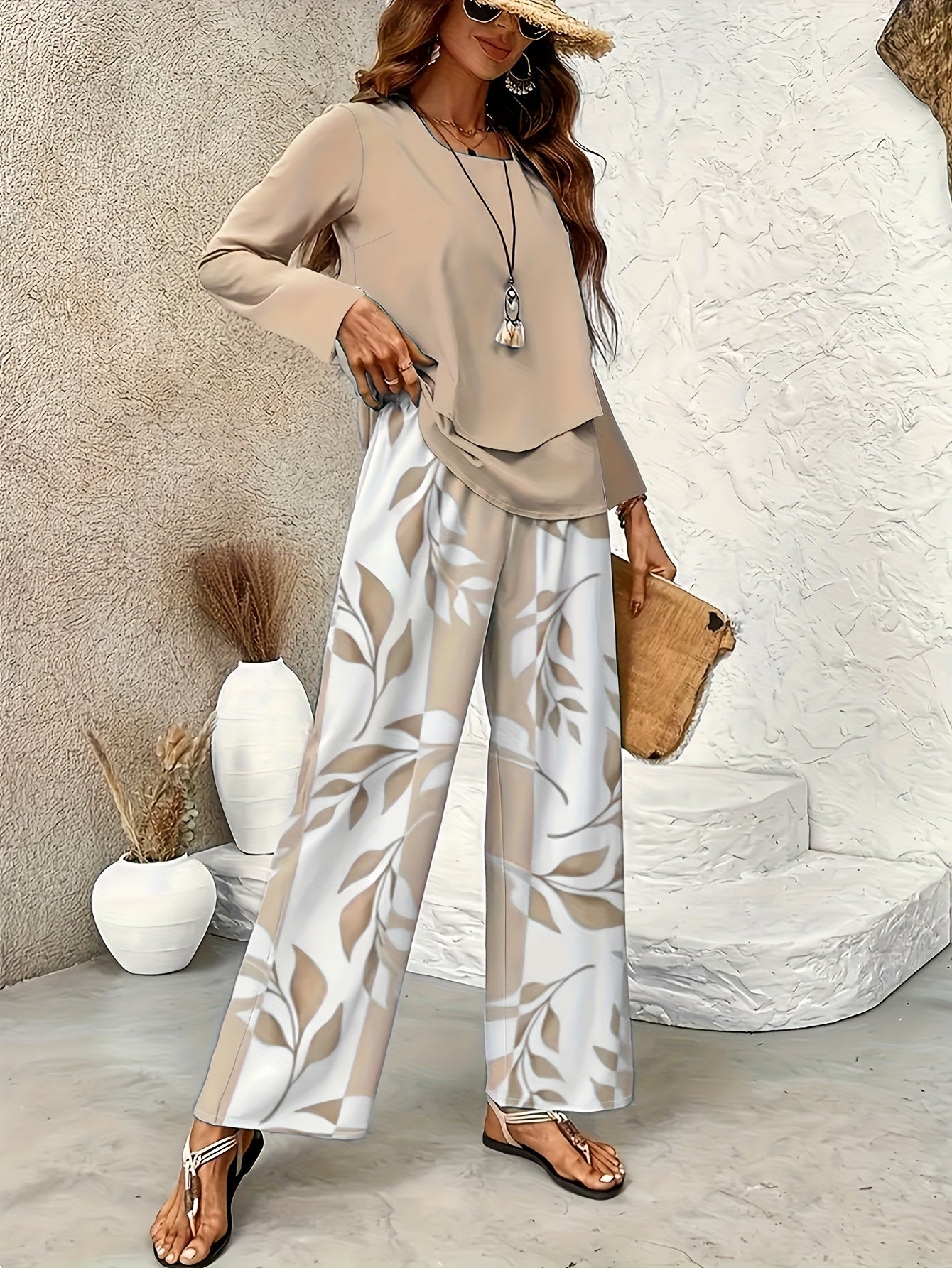 New Development: Plant Striped Printed Square Collar Double-layer Design, Long Sleeved Top, Straight Leg Pants Two-piece Set, Casual And Comfortable Long Sleeved Suit