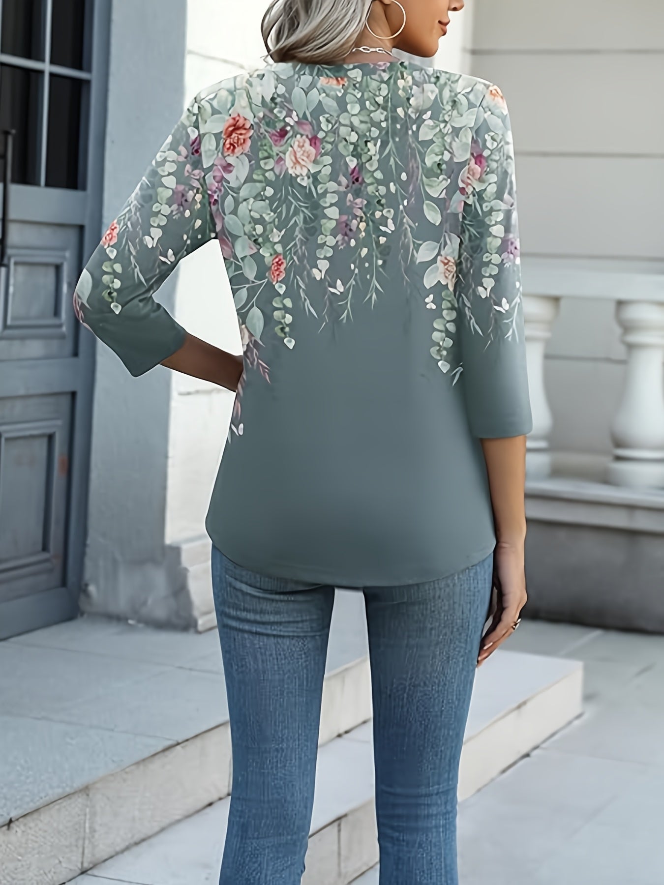 Women'S Casual Three-quarter Sleeve Top Round Neck Casual Printed T-shirt