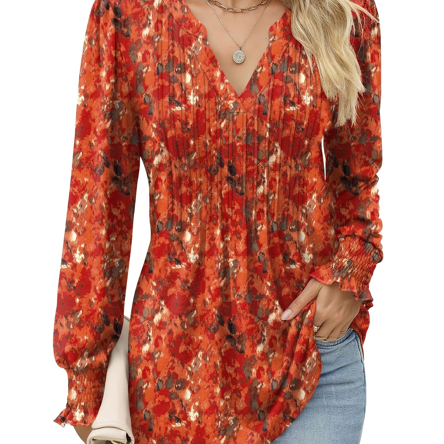 Women's Casual Floral Print Long Sleeve Top Pleated Waist Fashion Versatile Loose Pleated T-Shirt