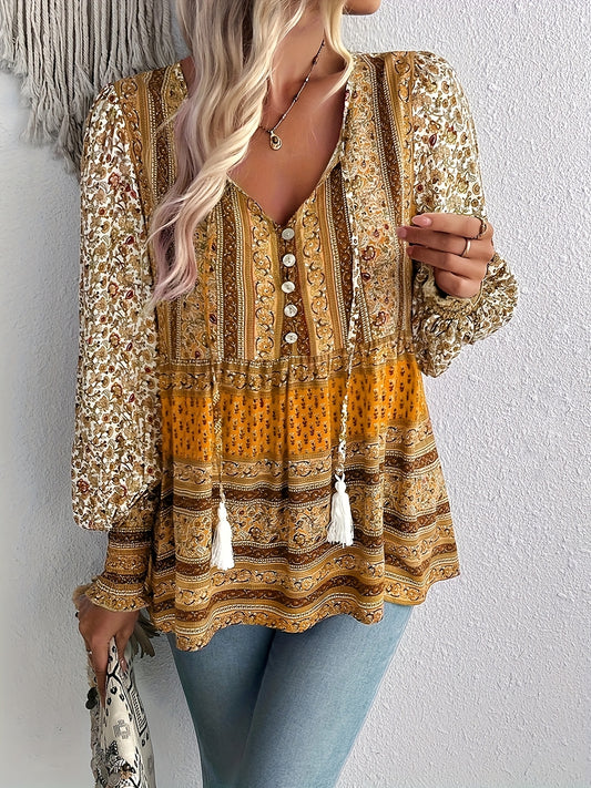 ZAFUL Casual Loose Fit Floral Blouse - Lightweight V-Neck Long Sleeve Shirt For Women, Button Boho Top With Puff Sleeves For Everyday Wear