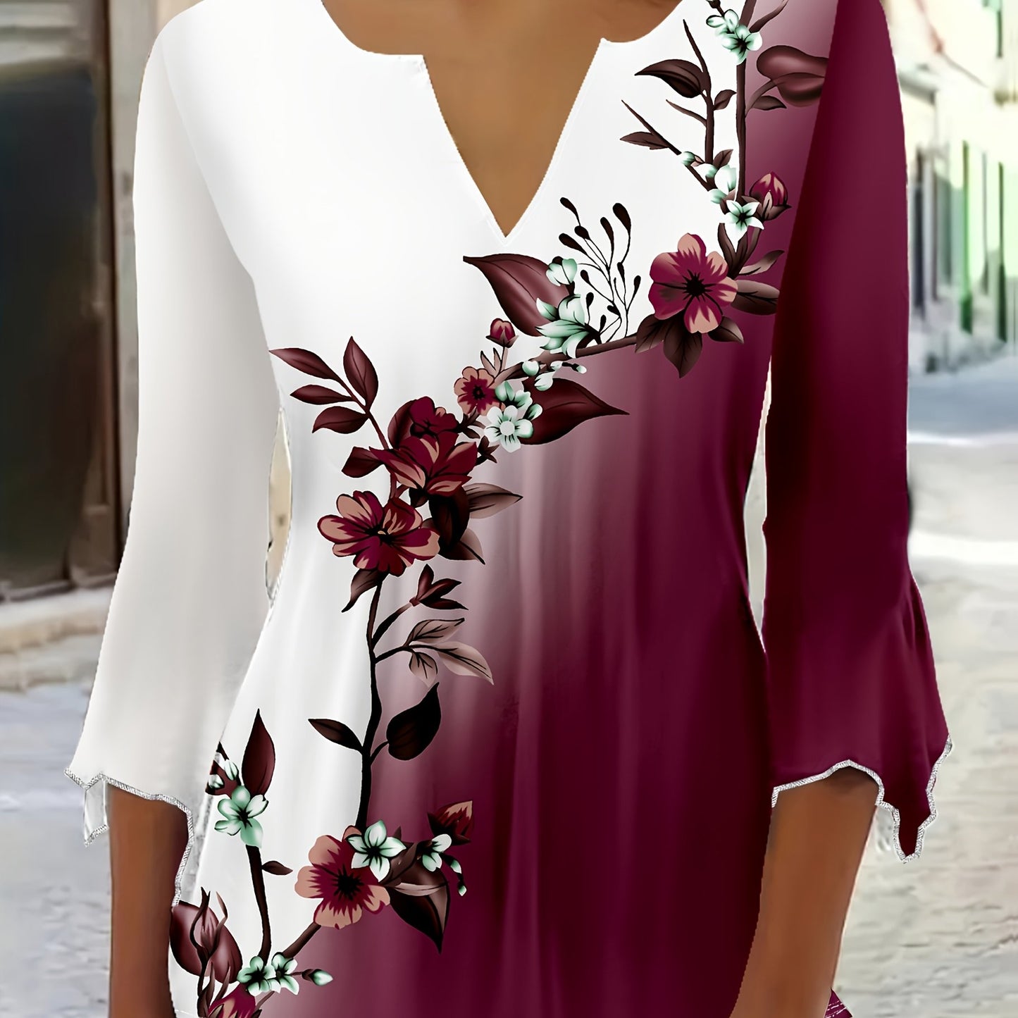 Elegant V-Neck Blouse with Floral Print - White to Maroon Gradient, Long Sleeves, Ruffled Hem, Women'S Fashion Top for Casual or Formal Wear, Versatile Clothing | Vneck Blouse | Ruffled Hem Top