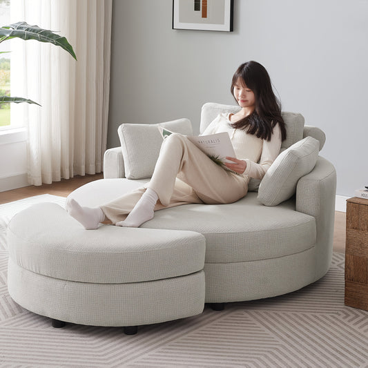 51.2" Ottoman-Shaped Cushion Chair with Storage, Linen Fabric, Includes Adjustable Headrest and Four Pillows, Large Size for Living Room/Bedroom/Office/Hotel Sofa