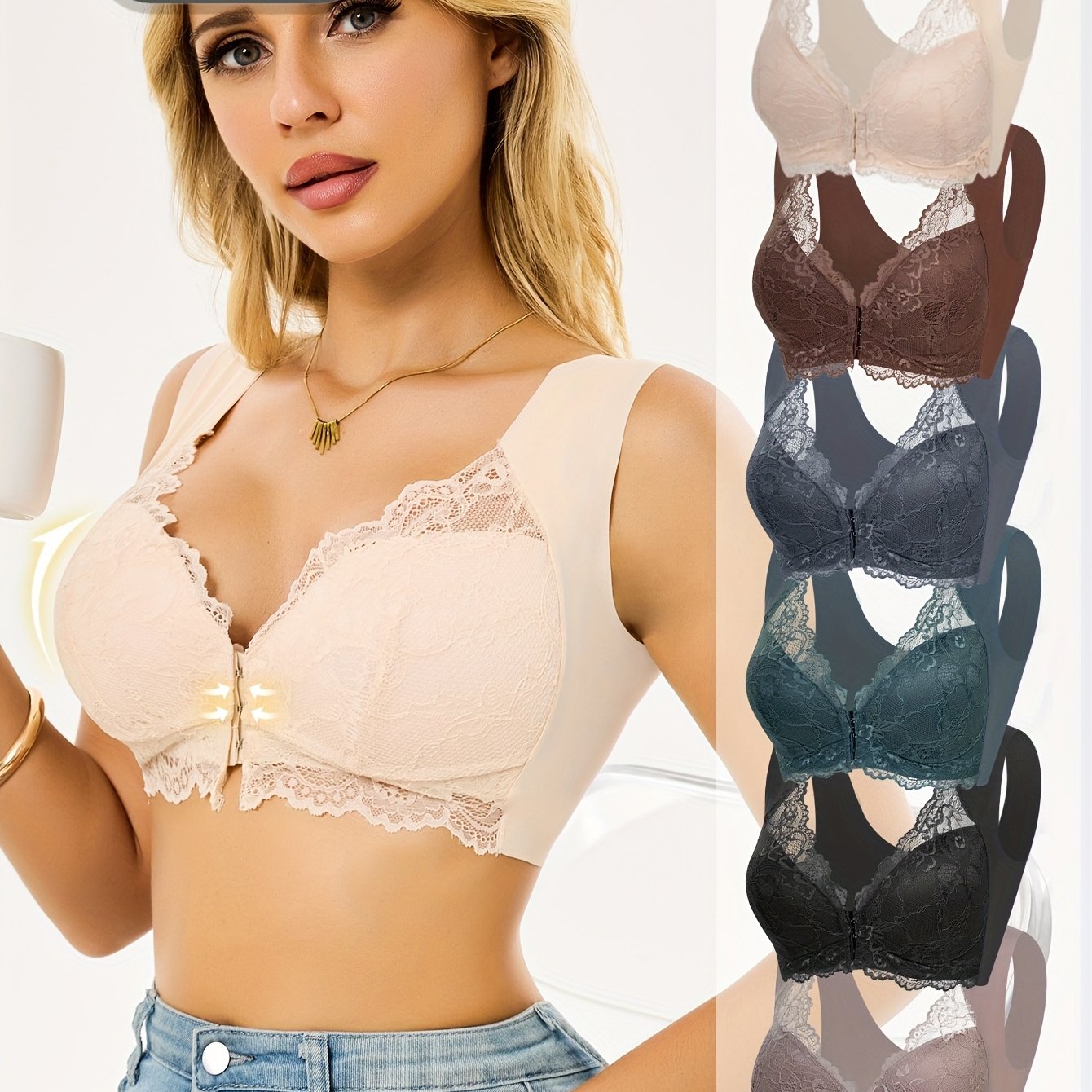 [CELILIN Push-Up Lace Bra Set] 6pcs CELILIN Women's Push-Up Lace Bra Set - Front Open, No Underwire, High Support, Adjustable Elegant Design, Solid Color, Comfortable Undergarment|Elegant Lingerie Set|Adjustable Support