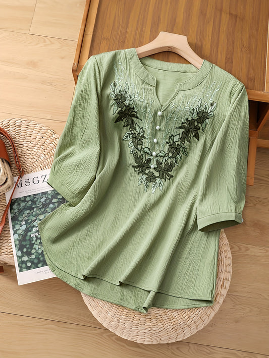 Women'S Elegant Floral blouse - Light Blue V-Neck Blouse with Floral pattern, Three-fourth Sleeve Non-See-Through Shirt for Office, Wedding, Party - Spring/Fall/Summer Everyday & Formal Tops, Floral Print Blouse, Seasonal Fas