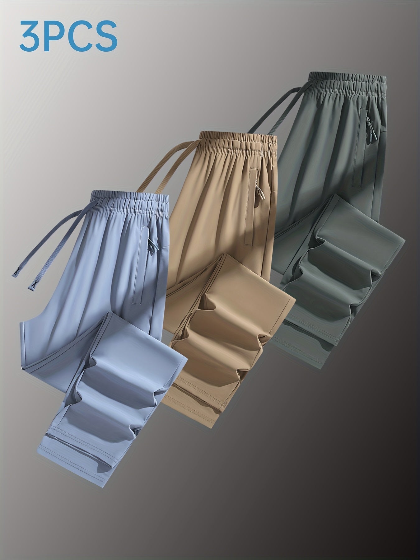 Three Pairs of Summer Women's Solid Color Long Pants with Elastic Drawstring Waist, Hidden Zipper Pockets, Nylon-Spandex Blend for Stretchy Straight-Leg Fit, Quick-Dry Fabric, Suitable for Daily Outings, Leisure, And Workouts