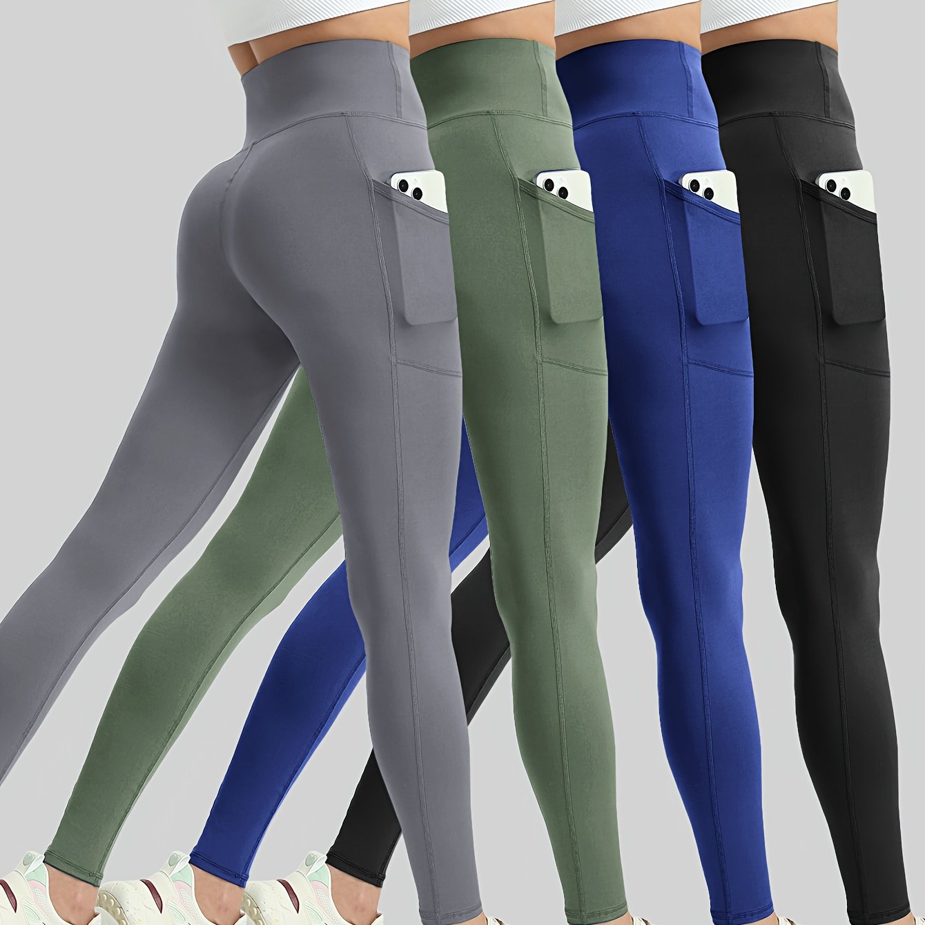 4pcs Women'S Plus Size High Waist Tummy Control Yoga Leggings with Pockets - Stretchy, Non-See-Through Workout Pants in White, Pink, Maroon, Black - Perfect for Gym, Fitness & Casual Wear, Yoga Pants