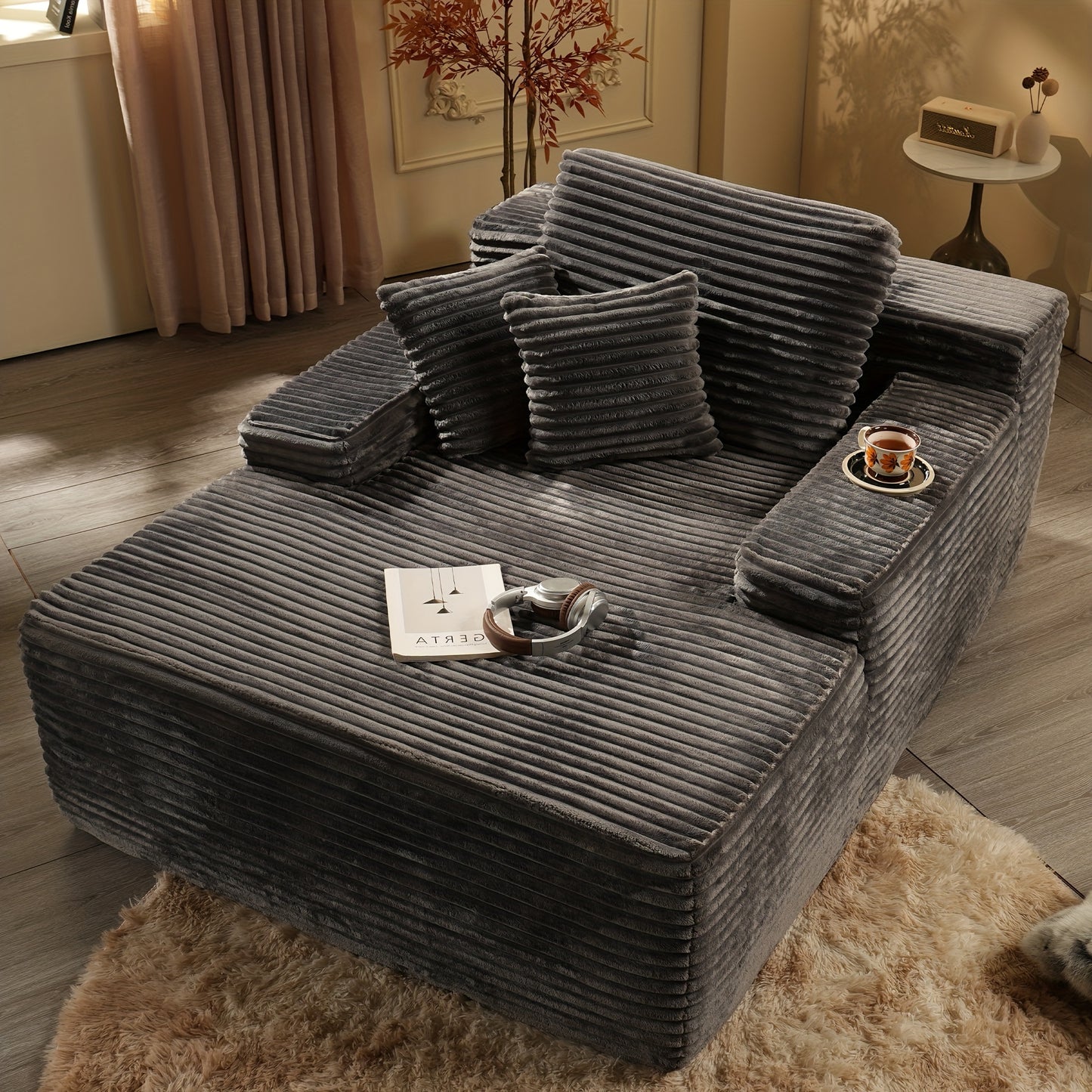 48" Large Corduroy Floor Sofa with Pillows - Oversized Lounge Chair with Plush Upholstery, Deep Cushions, And Armrests/ Deep Seat Sofa Bed with High Density Sponge Cushion/ USleeper Sofa for Living Room, Bedroom, Apartment, B