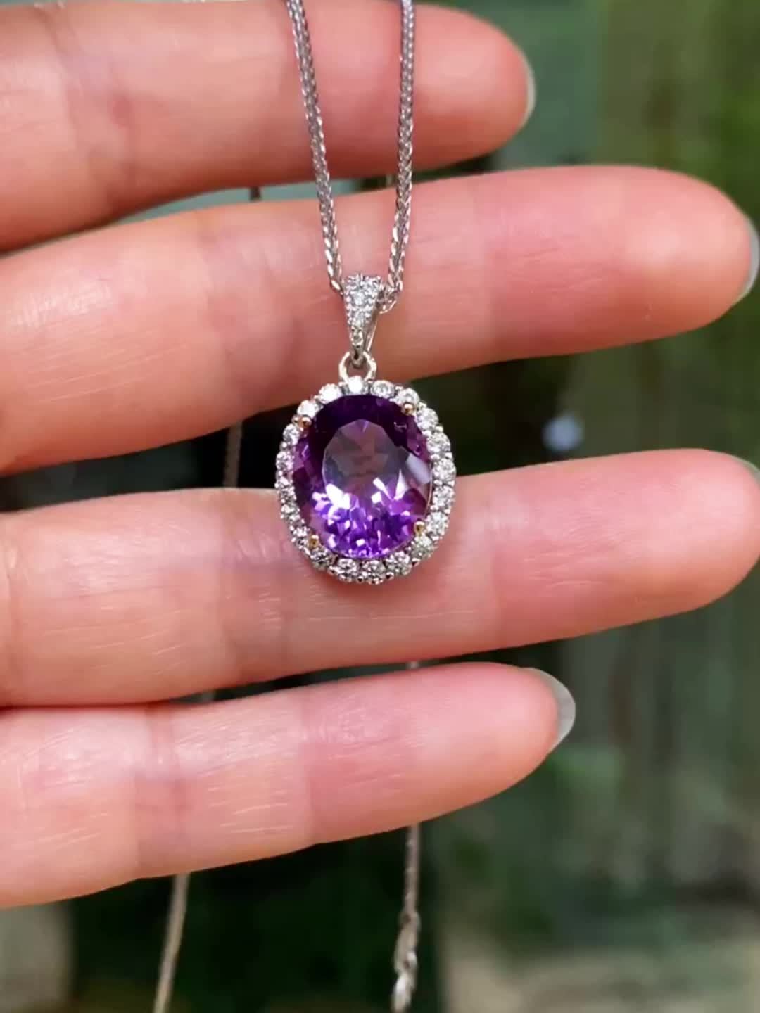 [1pc Amethyst 925 Sterling Silver Pendant Necklace] CUANAIR Elegant 925 Sterling Silver Pendant with Amethyst, Round Mosaic, Non-Magnetic, Purple, with 17.72inch Chain for Women'S Fashion Jewelry