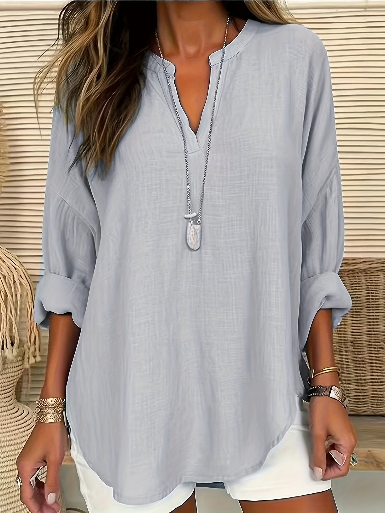 Spring And Summer V-neck Long Sleeved T-shirt Casual Loose Long Top