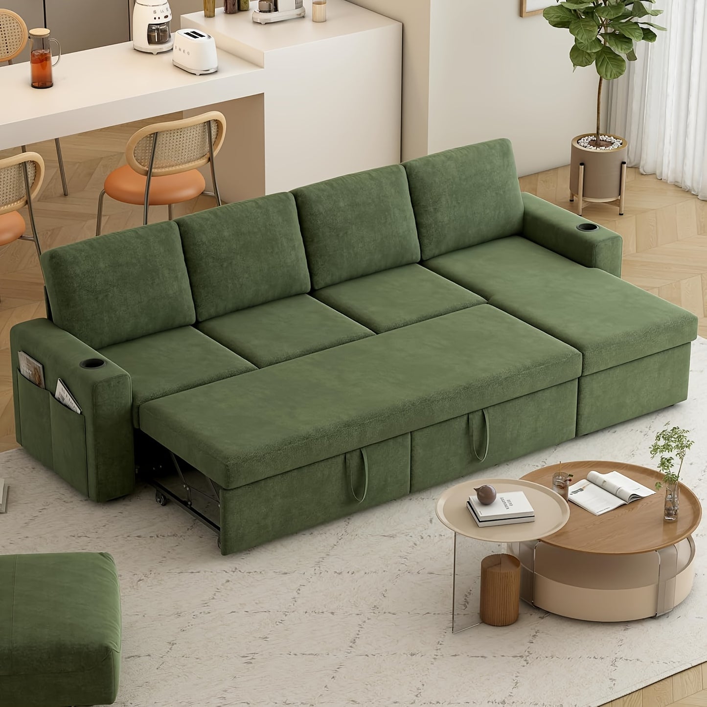 103" Extra Large L-Shaped Sectional Sleeper Sofa Bed with Storage Chaise - Convertible Pull-Out Couch, Cup Holders, Space-Saving Sleeper Sofa for Living Room, Apartment, Guest Room - Modern Sectional Furniture in Neutral Grey