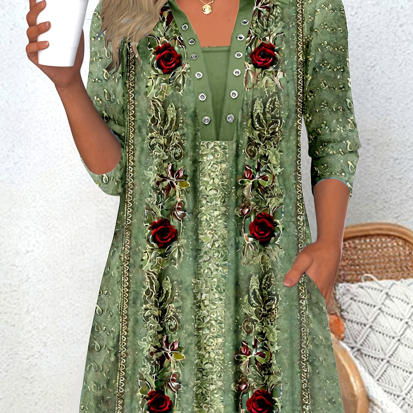 Women'S Long Sleeve Scoop Neck Graphic Floral Printed Pockets Tops