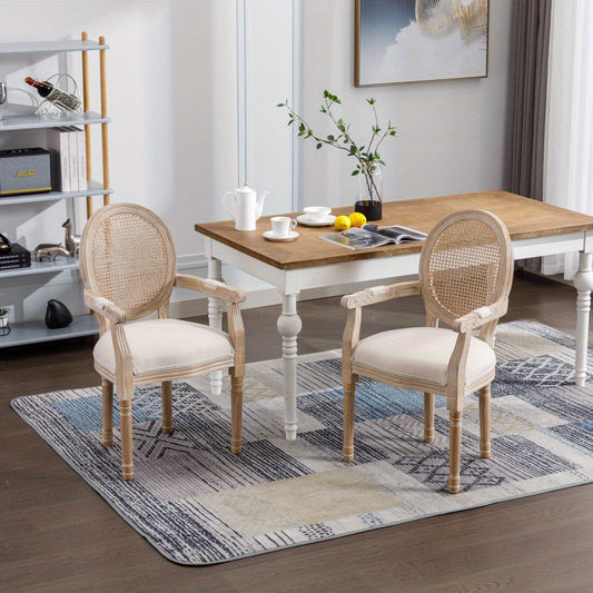 Charming Set Of 2 French Vintage Upholstered Fabric Dining Armchairs, Beige Hue For Timeless Appeal