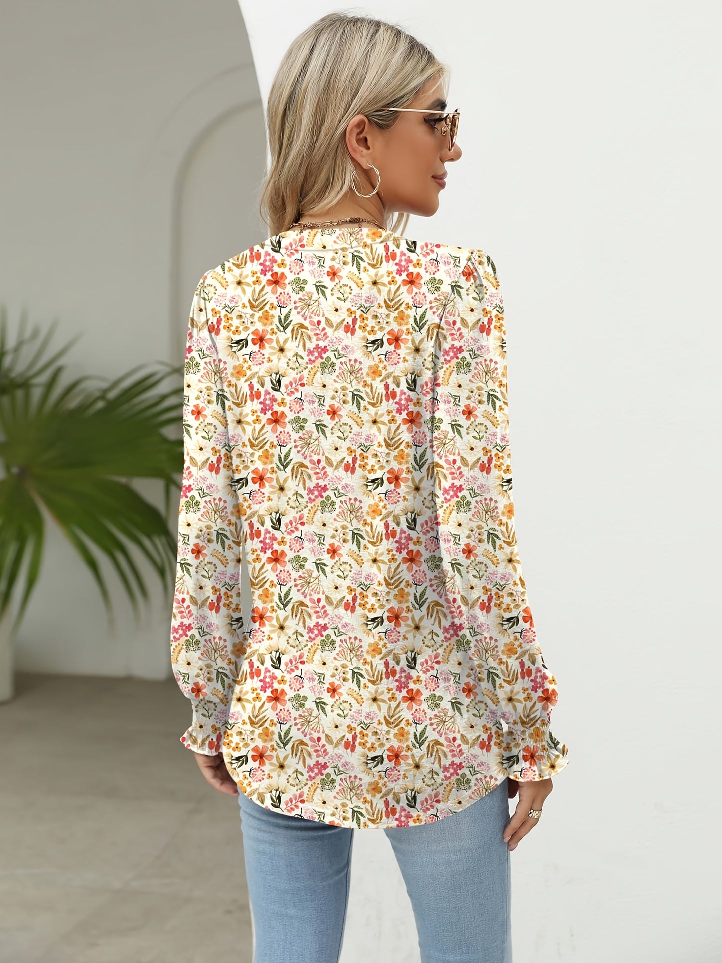 Women's Casual Floral Print Long Sleeve Top Pleated Waist Fashion Versatile Loose Pleated T-Shirt