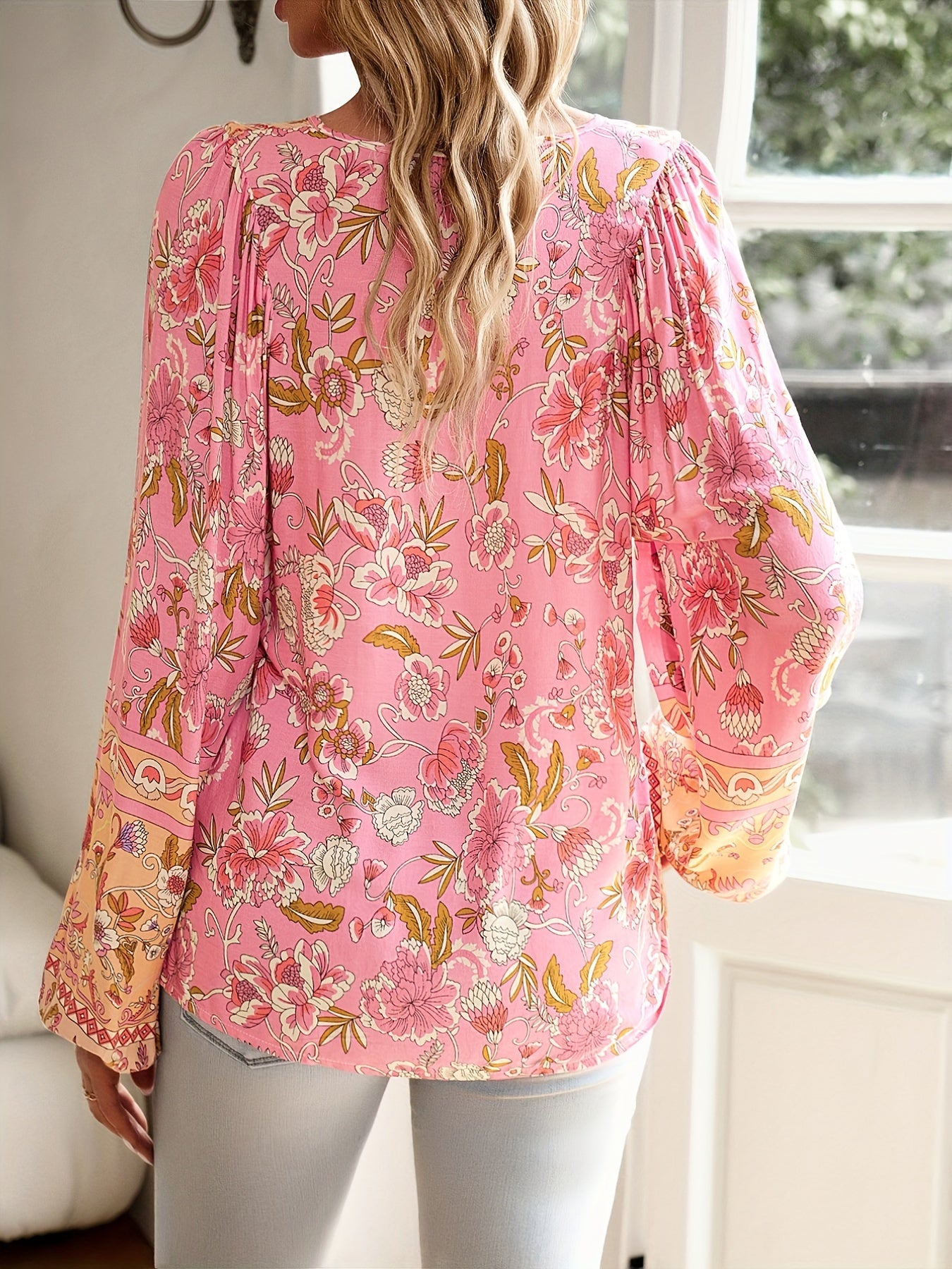 Boho Chic Floral V-Neck Blouse with Tie Detail - Long Sleeve, Casual Resort Wear for Women, Temperament, Fringed Shirt, Leisure Style, ALL/Global/All