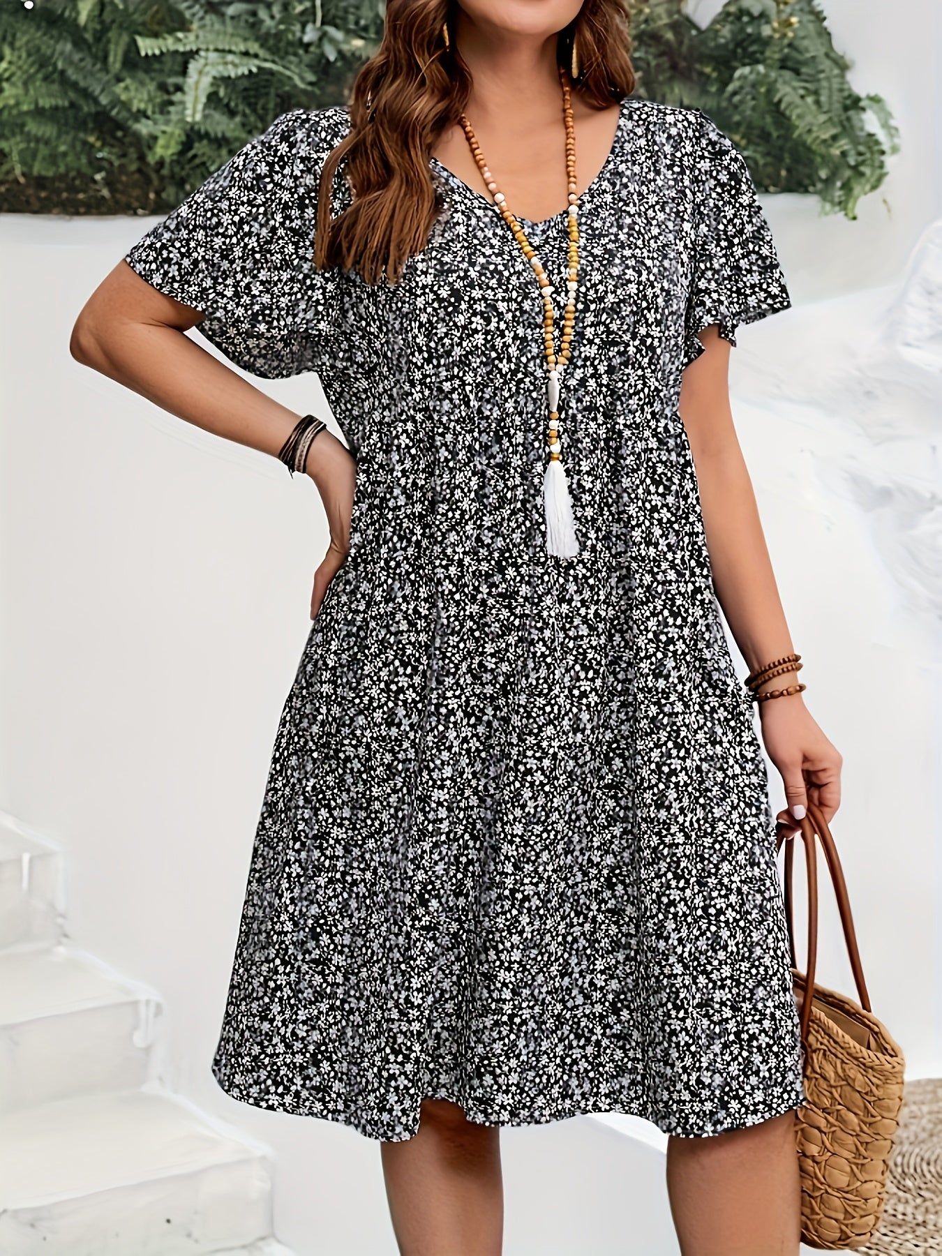 [Boho Chic Dress] Bohemian Floral Ruffle Sleeve Festival Dress | Women's Summer Casual Wear, Boho Chic Style, Feminine Dress, Trendy Fashion, Delicate Details, Stylish Construction, Loose Fit, Adult Clothing, Fashion Lovers