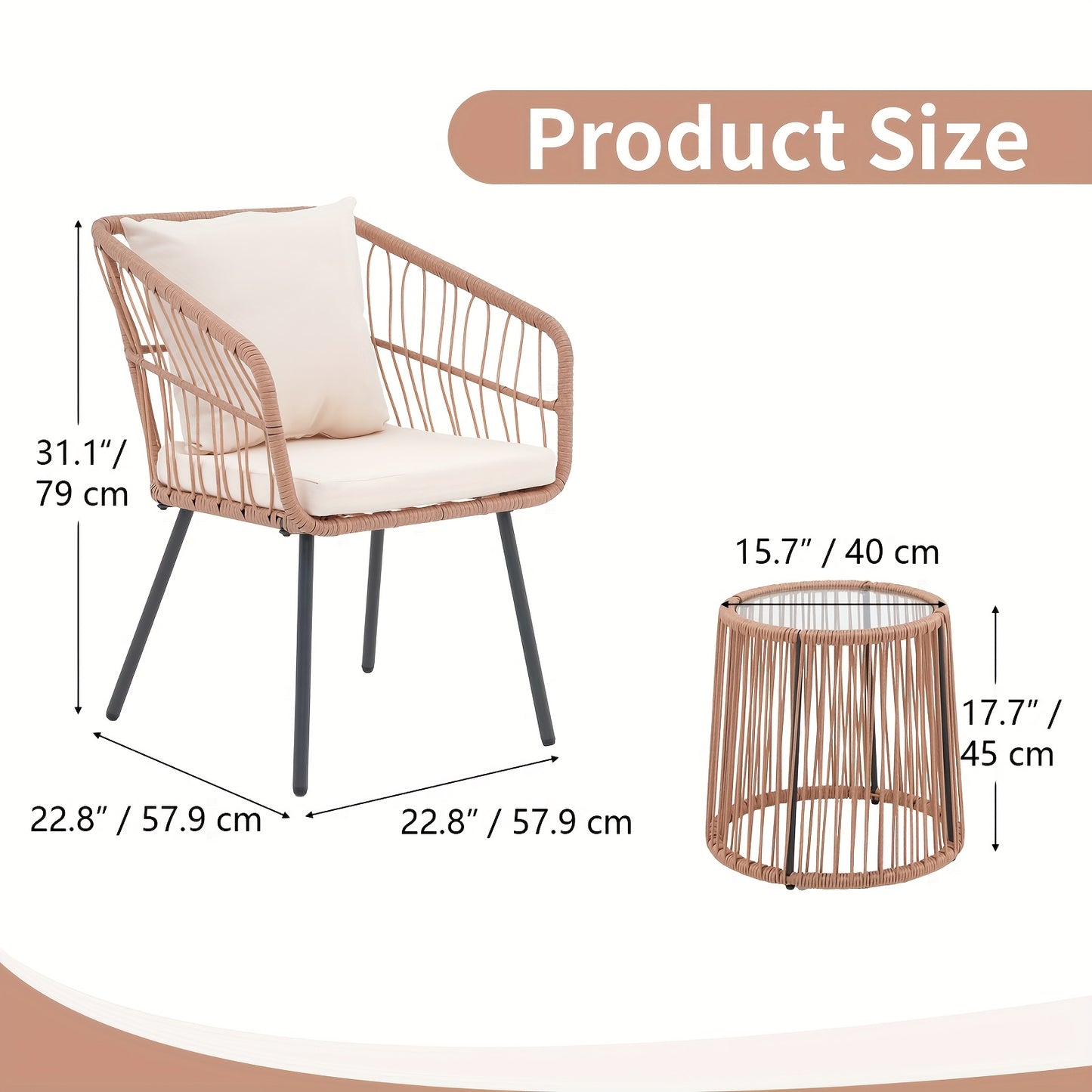 3pcs Patio Rattan Furniture Set, PE Wicker Bistro Set with 2 Armchairs And Glass Topped Side Table, Outdoor Conversation Set for Porch Balcony Backyard Poolside
