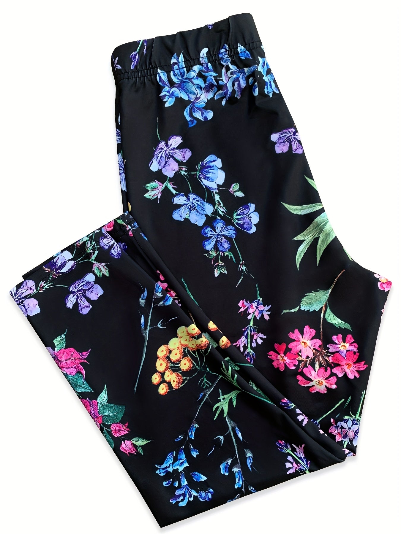 Women's High-Elasticity Floral Print Yoga Leggings - Vibrant Pink, Blue & Green Floral Design on Black Background, Machine Washable, Perfect for Fitness, Pilates, Dance & Casual Wear, Yoga Pants