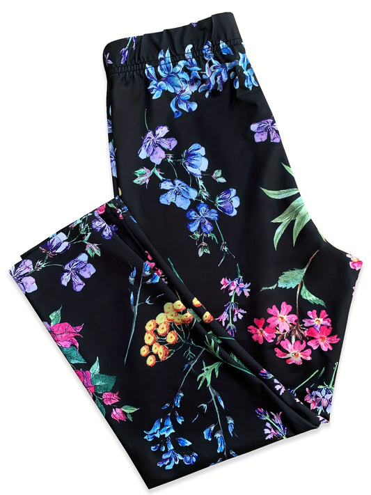 Women's High-Elasticity Floral Print Yoga Leggings - Vibrant Pink, Blue & Green Floral Design on Black Background, Machine Washable, Perfect for Fitness, Pilates, Dance & Casual Wear, Yoga Pants