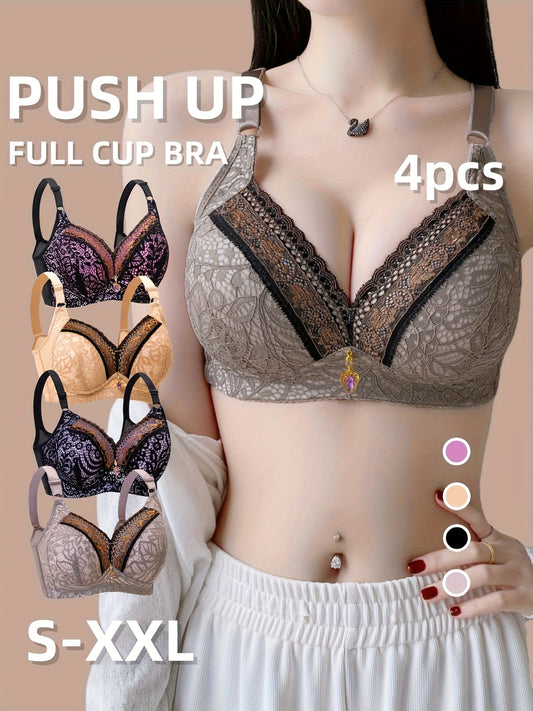 4-Pack Women'S Push-Up Bras - Anti-Sagging Wireless Bras with Full Coverage, Non-Detachable Padding & High Support - Elegant Lace Front for Everyday & Formal Wear - Soft All-Season Bras in Black/Purple/ - No Underwire Needed,