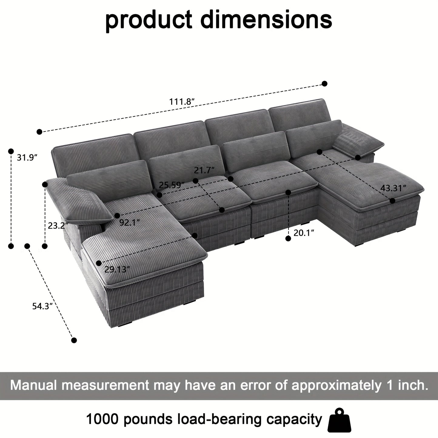 [Comfort Cloud Sofa] Comfort 4 Seater U-Shape Combo Sofa, 111.8'' Modern Deep Seat Cloud Sofa with Lumbar Cushion | Corduroy Living Room Sofa for Apartments, Apartment Homes