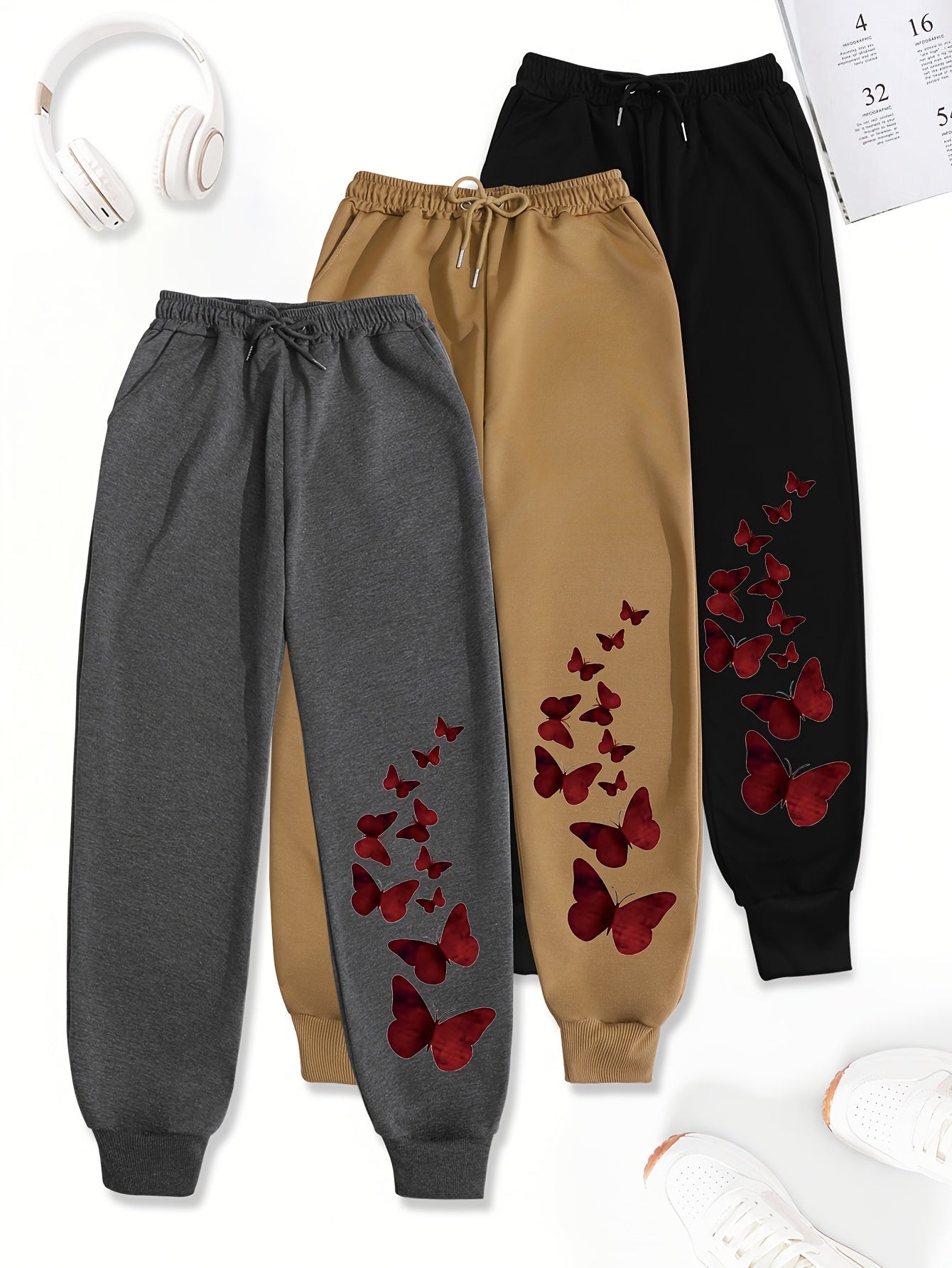 3pcs Women'S Casual Joggers with Butterfly Print - Elastic Waist, Loose Fit, Drawstring, Pockets, All-Season Comfort, Beige, Gray, Black, Jogging Pants