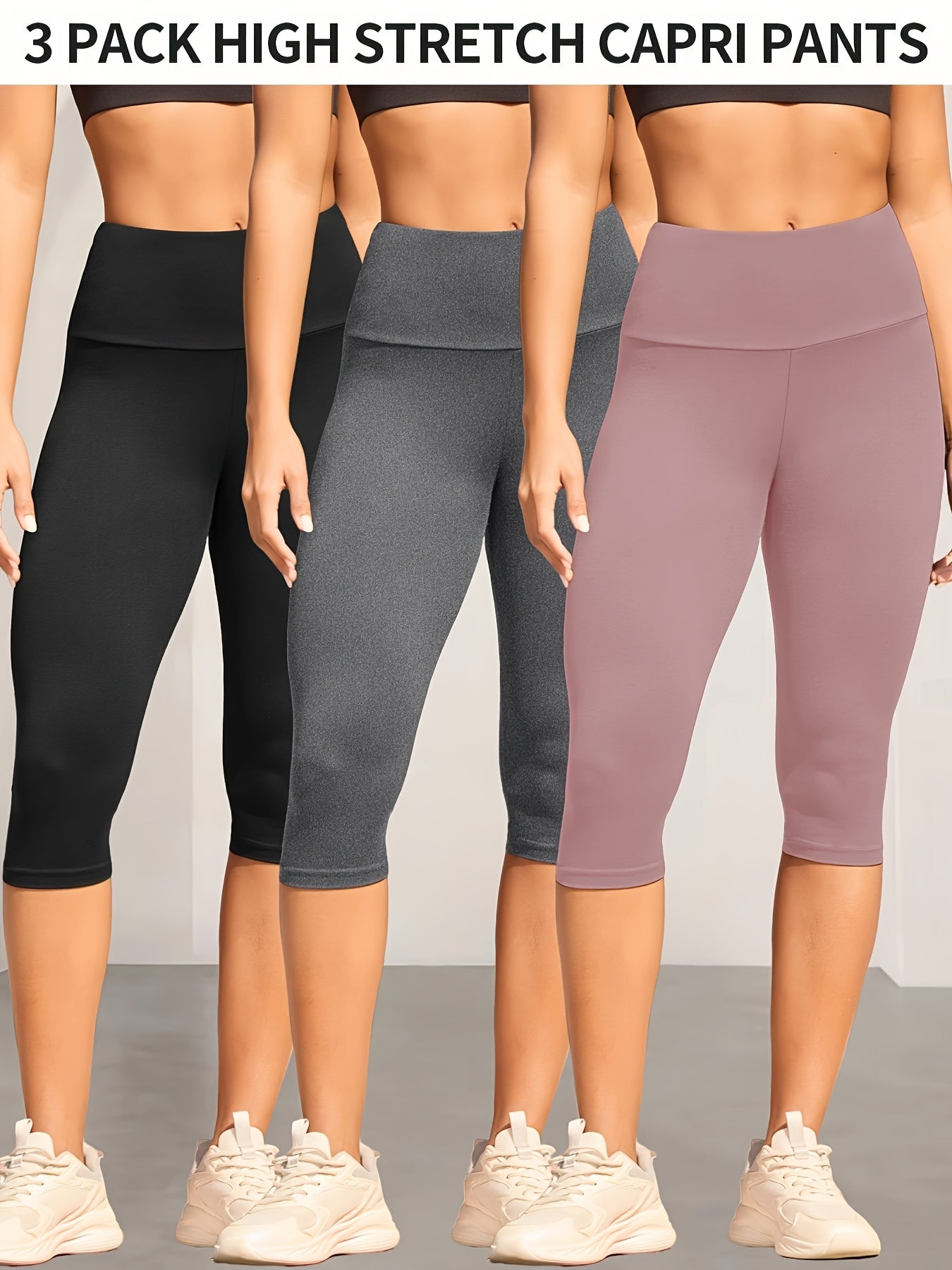 3-Pack Women's High Waisted Tummy Control Yoga Capri Pants - Super Soft Non-See Through Workout Leggings, High-Elasticity Machine Washable Solid Color for Running, Gym & Casual Wear (Spring/Summer/Fall)