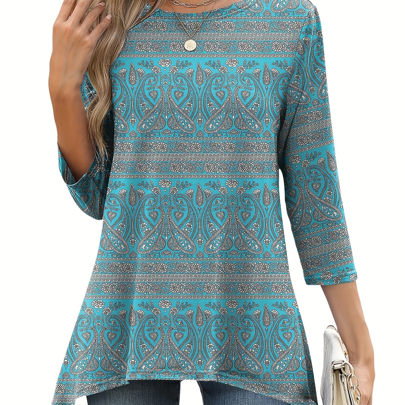 [Bohemian Style Top] Bohemian Style Women's Geometric Print 3/4 Sleeve Top | Casual Round Neck, Contrast Color Design, Lightweight & Breathable for Spring/Summer, Glossy Texture