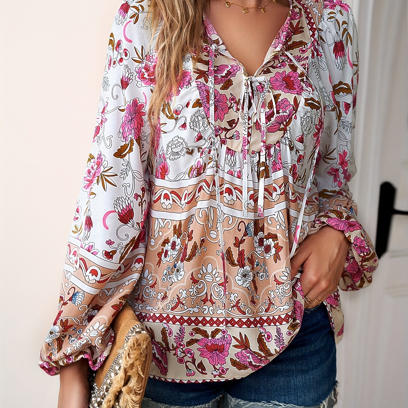 Women's Floral Print Lace-Up V-Neck Blouse - Casual Baggy Long Sleeve Shirt with Adjustable Wrist Ties, Lightweight Non-Stretch Fabric for Spring & Fall, Machine Washable, Long Sleeve Blouse, Everyday Stylish Top, Asymmetrica