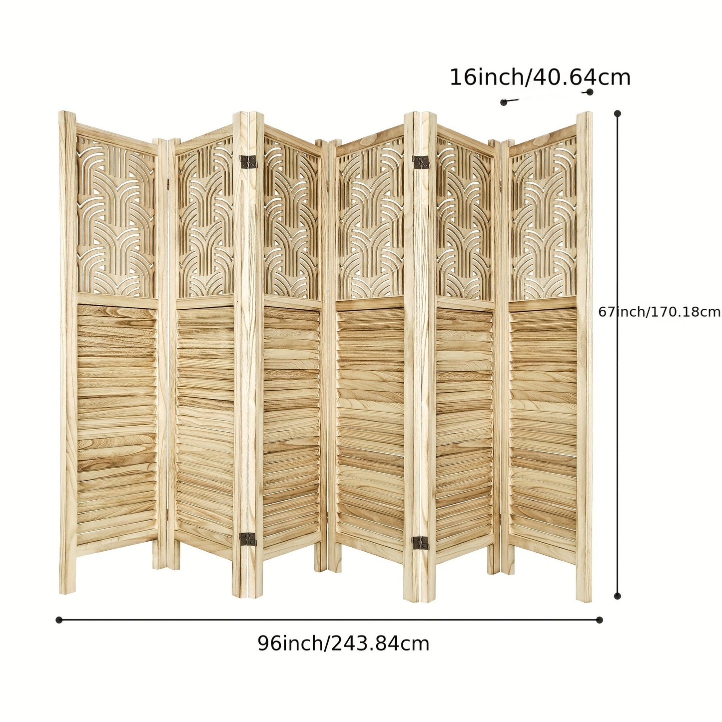 6-Panel Solid Hardwood Folding Room Divider Privacy Screen - 5.6ft Tall Freestanding Louvered Design with Natural Wood Finish, Rustic Farmhouse Style for Home Office Bedroom Restaurant