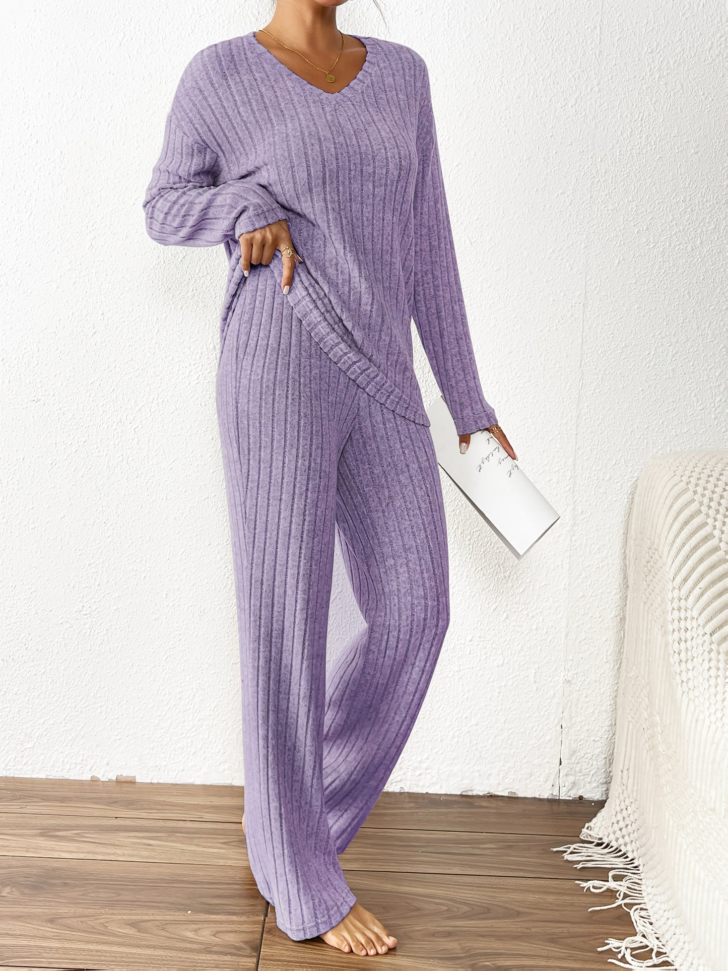Cozy Ribbed V-Neck Top & Wide-Leg Pants Set - Soft Purple, Long Sleeve, Loose Fit, Perfect for Fall/Winter, Casual Wear|Vneck Top|Ribbed Texture