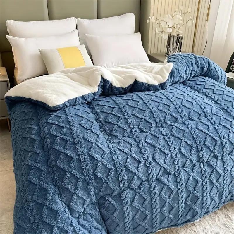 1pc Double-Sided Plush Fleece & Sheepskin Comforter - Warm, Soft, Skin-Friendly Winter Bedding with Geometric Pattern, Dry Clean Only, Deep Blue, Ideal for Cold Weather Coziness