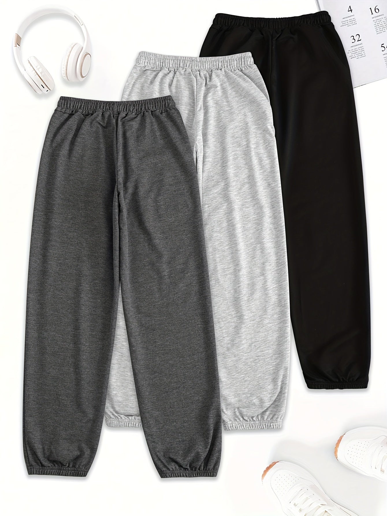 Women's 3-Pack Polyester Drawstring Sweatpants with Pockets - Loose Fit Casual All-Season Knit Joggers with Floral Print Detail